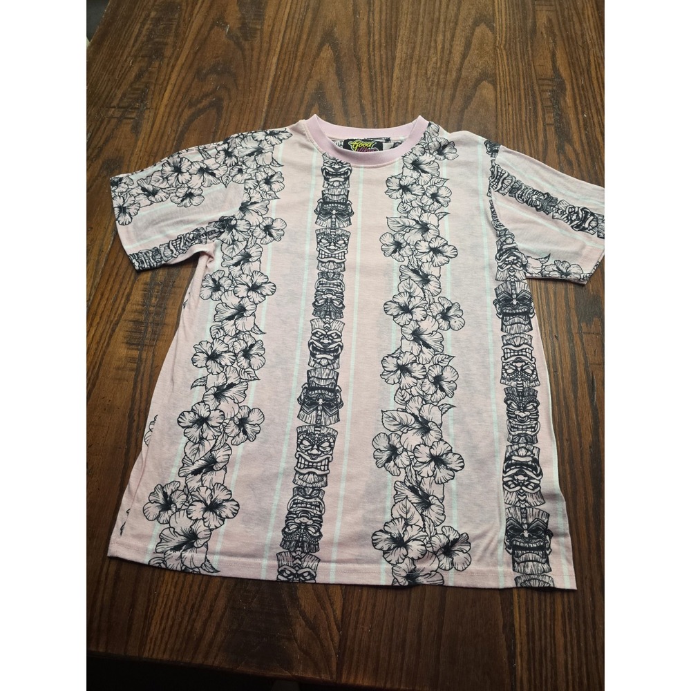 Good Vibes Drill Clothing Co Mens Pink Tiki Hibiscus Floral Graphic T-Shirt L